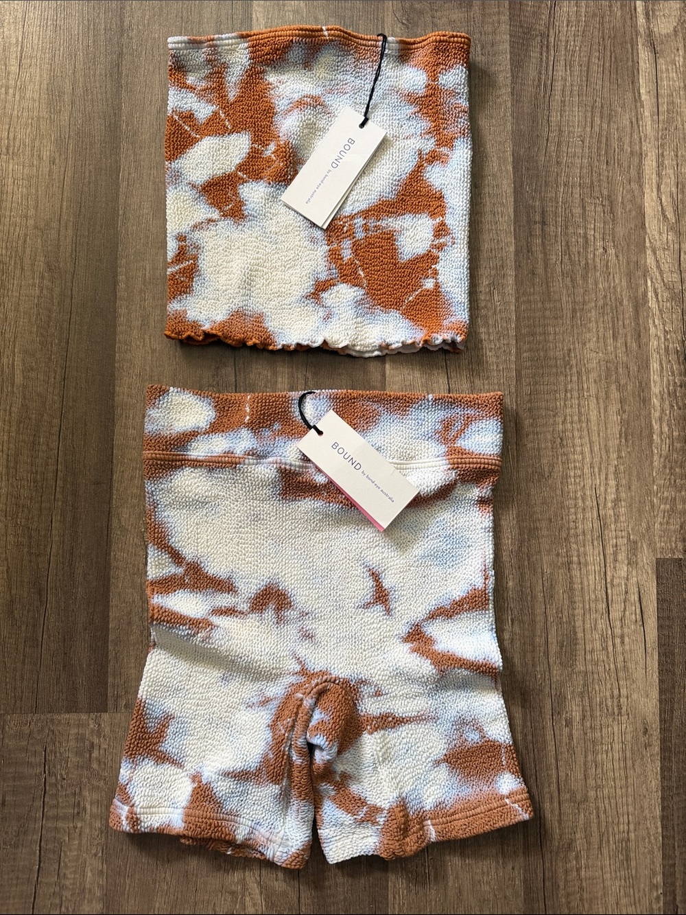 NWT Bond-eye Australia White and Rust Tie-Dye Knit Tube Top and Shorts Set